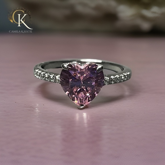 Heart Pink Lab Diamond Promise Ring - Picture 1 of 5